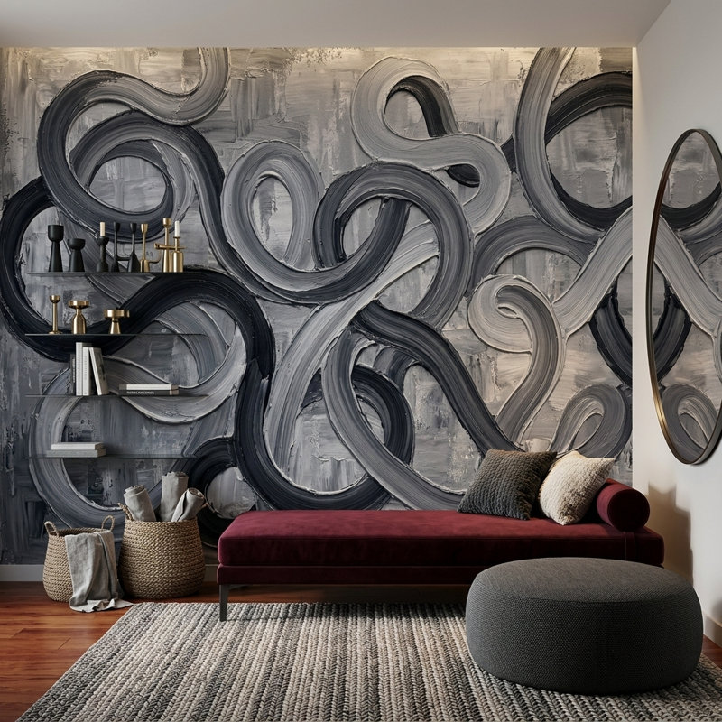 Décoration murale abstrait gris anthracite Loop, 100 po x 96 po, Peler et coller