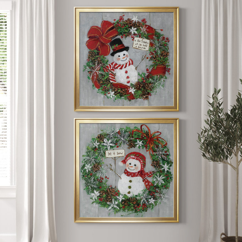 Mr. Snowman - Ensemble de 2 reproductions d'art encadrées, Toile encadrée dorée, Pas de tapis, H 30,5 po x l 61 po x P 1,5 po