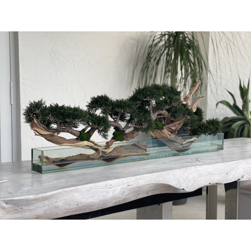Faux Bonsai Tree in Planter, 10" H x 40" W x 8" D, Dark Green