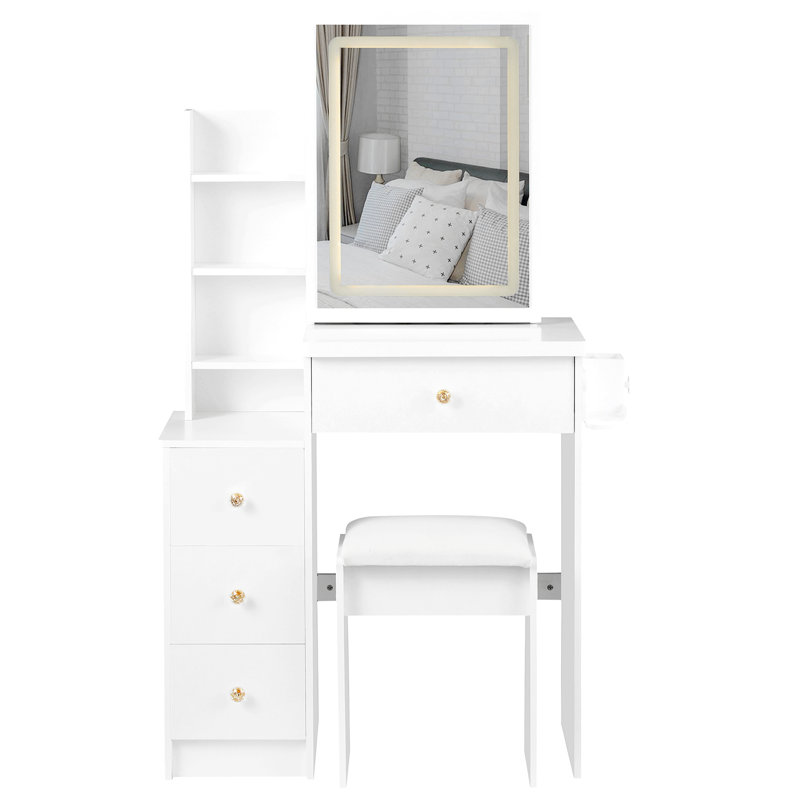 Small Size Left Drawer Desktop Vanity Table + Cushioned Stool, 2 AC+2 USB Power Station, Hair Dryer Bracket, Extra Large Touch Control Sliding LED Mirror, Tri-Color Switching, EPA,GCC,UL Certificate
