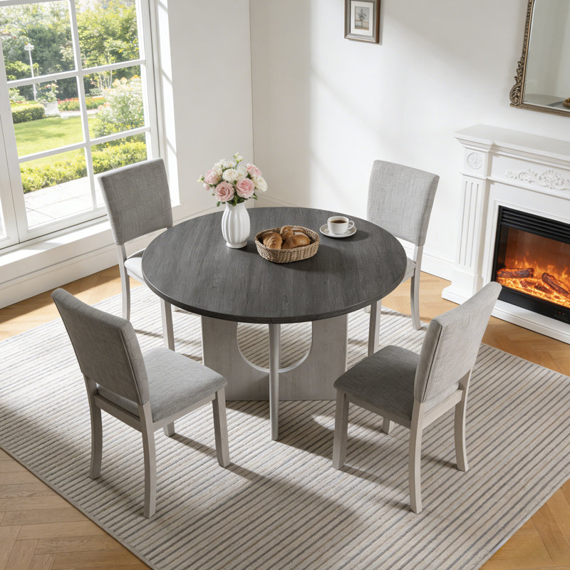 Modern 5-Piece Solid Wood Dining Table Sets For 4, Kitchen Table Set With 4 Upholstered Chairs, Gray