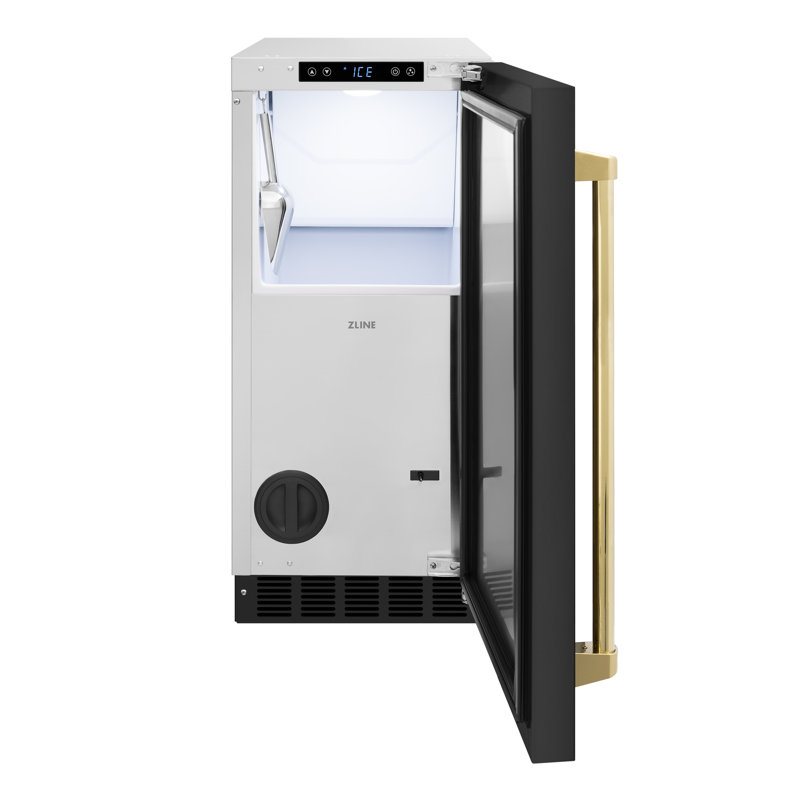 ZLINE Autograph 15 inch Touchstone Clear Cube Ice Maker w/ Polished Gold Handle, Black Stainless Steel/Polished Gold