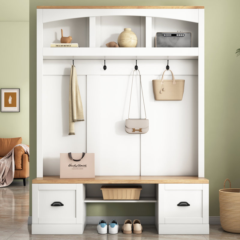 Hall Tree 55.1'' Wide With Bench And Shoe Storage, White