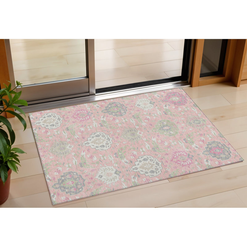 Tapis intérieur lavable damassé rose ivoire et gris 3 pi x 5 pi
