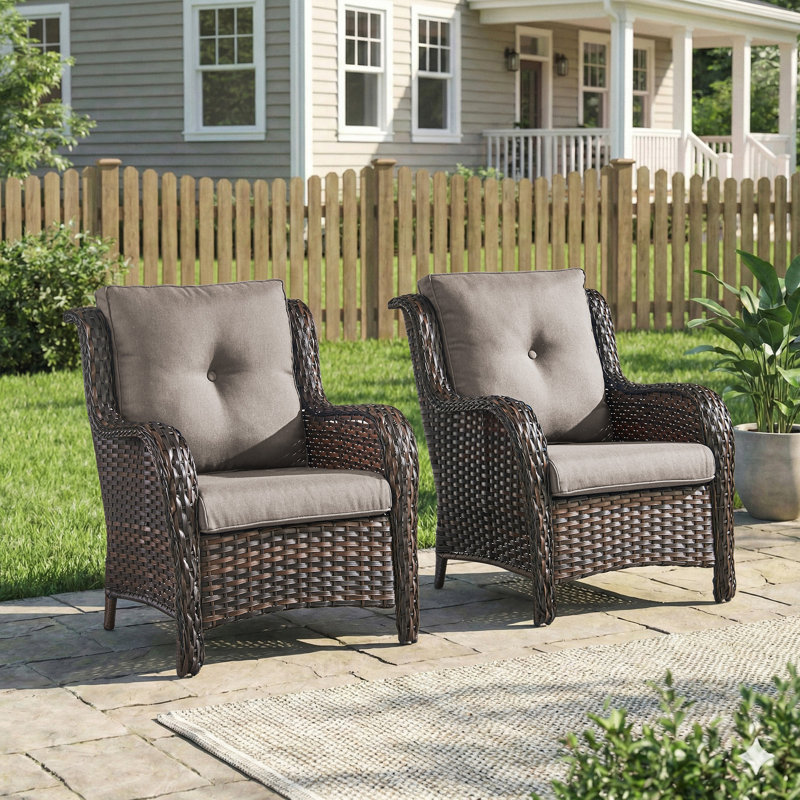 Ensemble de 2 chaises de patio en osier avec dossier haut, siège en rotin PE toutes saisons pour terrasse, Gris, Brun