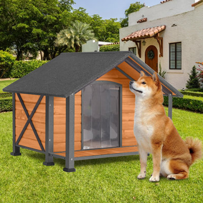 Niche extérieure pour chien avec porche, structure en fer anti-rongement, grande niche en bois résistante aux intempéries avec plancher amovible, base surélevée et rideau en PVC