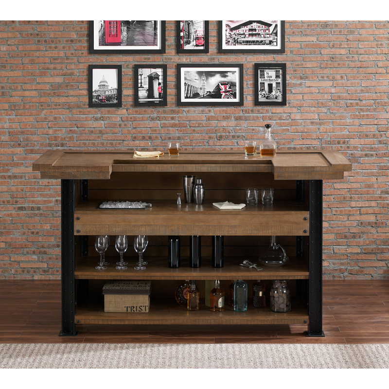 Barre American Heritage Gateway - Bois massif récupéré avec accents métalliques, surface de coupe de pierre, seau à glace et tablettes de rangement