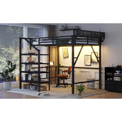 Grand lit mezzanine avec bureau pliable et station de charge, grand lit mezzanine en métal avec bande lumineuse et rangement pour escalier pour enfants, adolescents, produits brevetés, noir (date d’arrivée prévue: 2026/4/10)
