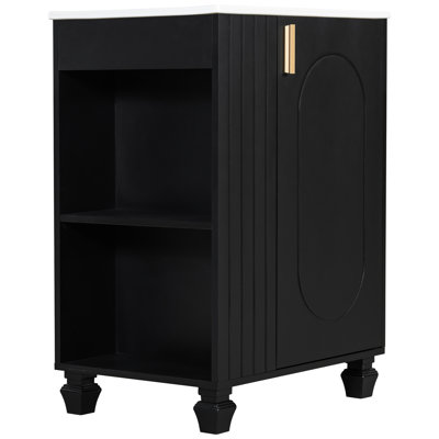 Meuble-lavabo de 24 po avec surface de lavabo lisse, structure en pin massif, porte à fermeture en douceur et tablettes de rangement latérales ouvertes avec finition noire classique de 24 po, lavabo, poignées en métal élégantes, armoire spacieuse