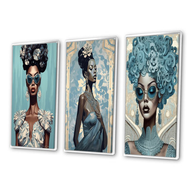 «Elegant Blue Retro Fashion African Vogue Goddess», 3 pièces sur toile