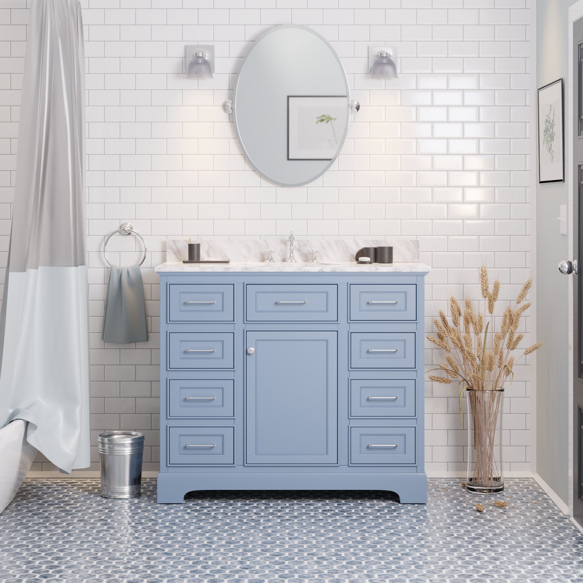Ronnie 42'' Single Bathroom Vanity, Carrara Marble, Powder Blue