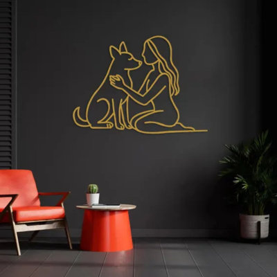  Woman And Dog Metal Line Art – Modern Wire Wall Decor – Black – 52x38 Cm (20.4"x14.9")