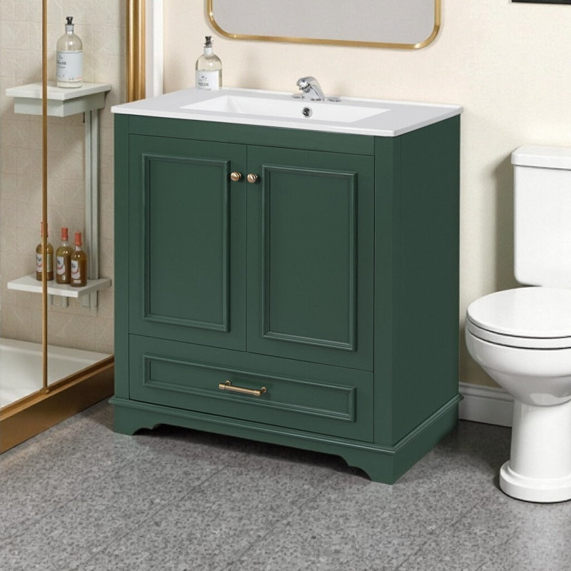 Meuble-lavabo de 30 po d'inspiration française avec lavabo en céramique et portes à fermeture douce | Armoire de rangement élégante, structure en bois massif