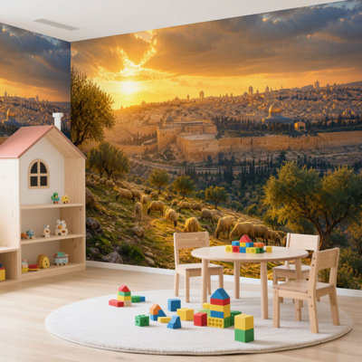 Papier peint adhésif mural Mount Olives à moutons broutant, papier auto-adhésif amovible, décoration murale pour salon, chambre à coucher H 100 po x l 144 po
