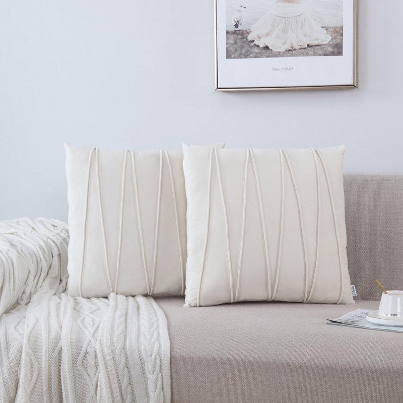 Housse de coussin plissée carrée en velours de polyester, Blanc crème, H 24 po x l 24 po