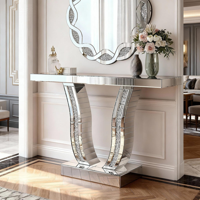 Console à miroir de 43 pouces, canapé d'entrée argent moderne avec pieds courbés incrustés de pierre, table d'entrée glam argentée pour le salon, table d'appoint de luxe moderne, table de vestibule de couloir