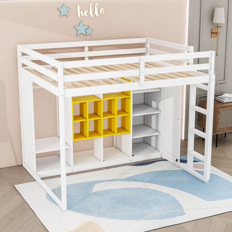 Lit mezzanine en bois avec armoire ouverte et tablettes, Complète, Blanc / Jaune