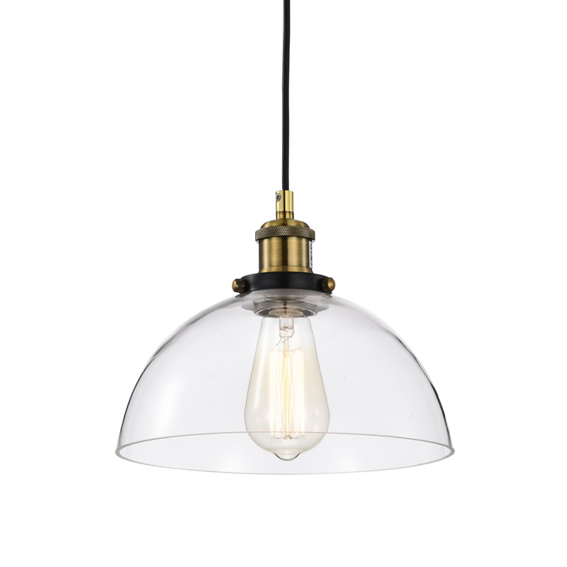 Luminaire suspendu en laiton antique et noir à 1 lumière avec abat-jour en verre transparent Mateo