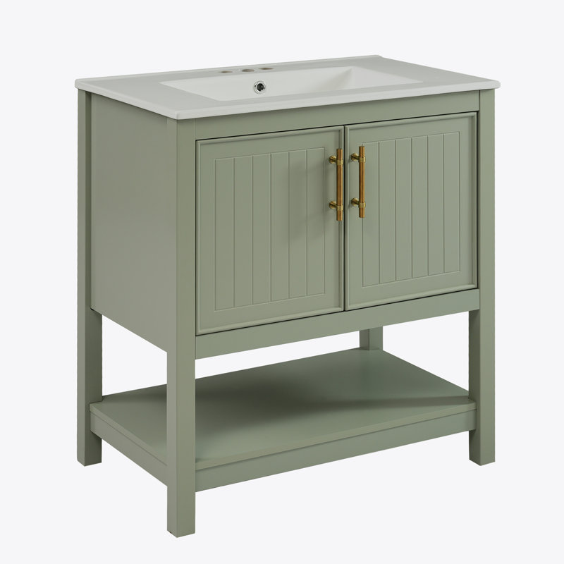 Meuble-lavabo de salle de bain avec lavabo en céramique et rangement polyvalent, Vert