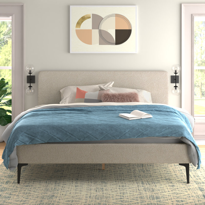 Beige King Upholstered Platform Bed with Wood Frame