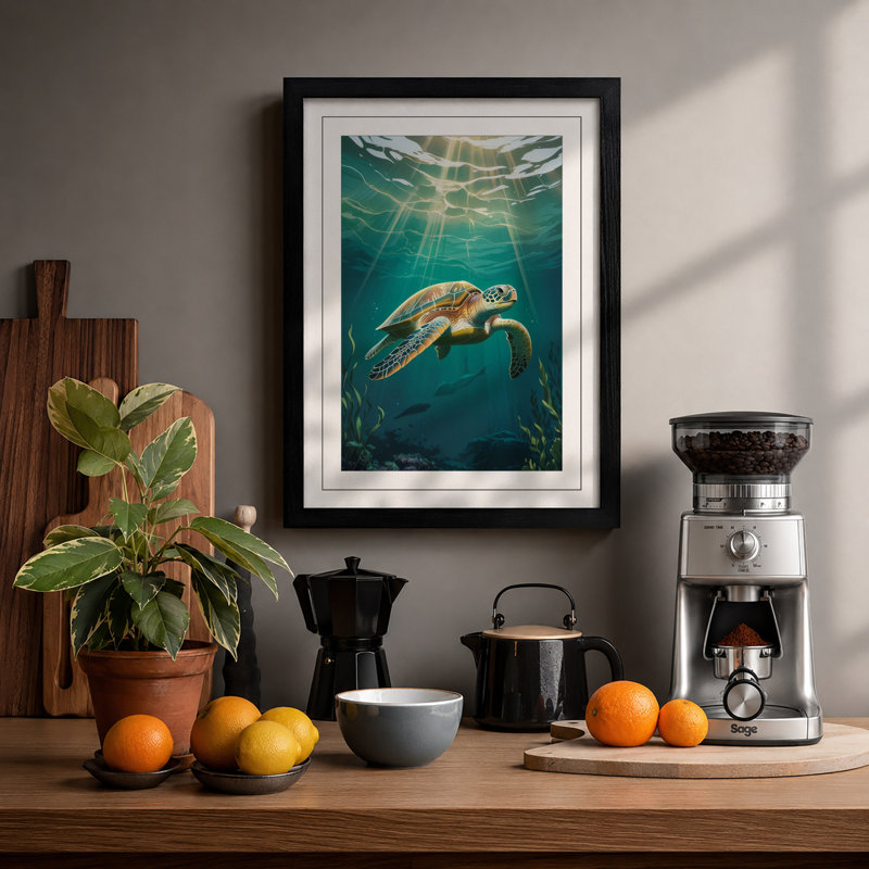 Turtle in Light Coastal - Framed Print, A2 - 59.4 x 42.0 cm, Black