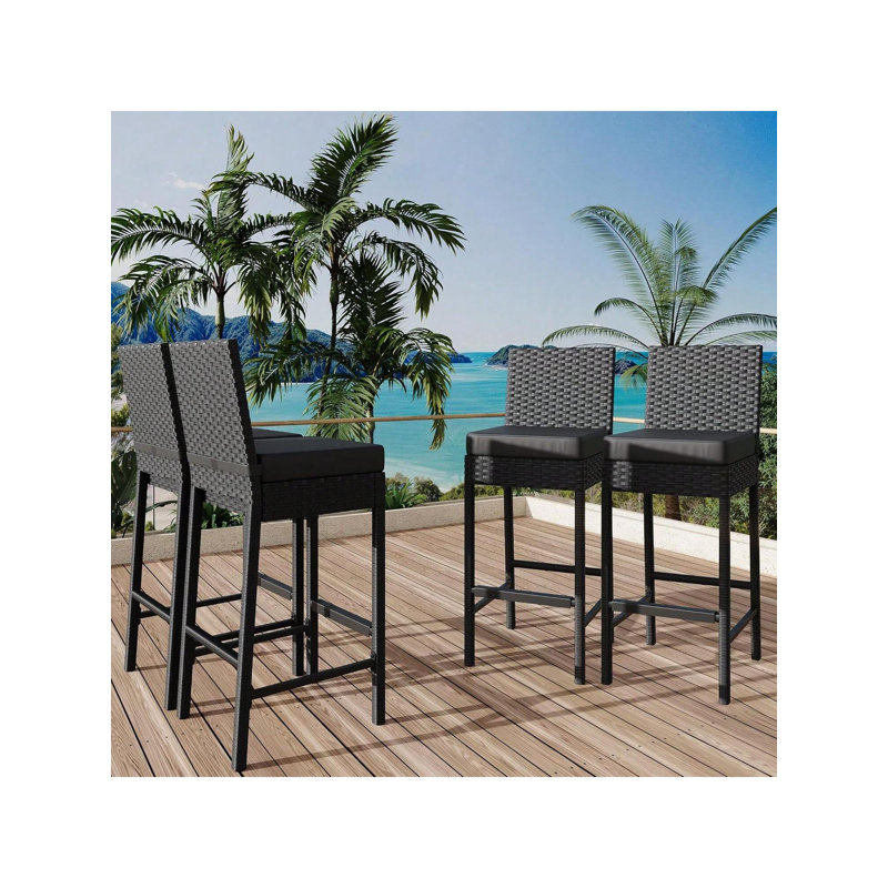 Ensemble de 4 tabourets de bar en osier de patio avec coussins pour la cour extérieure et le bord de la piscine, Gray