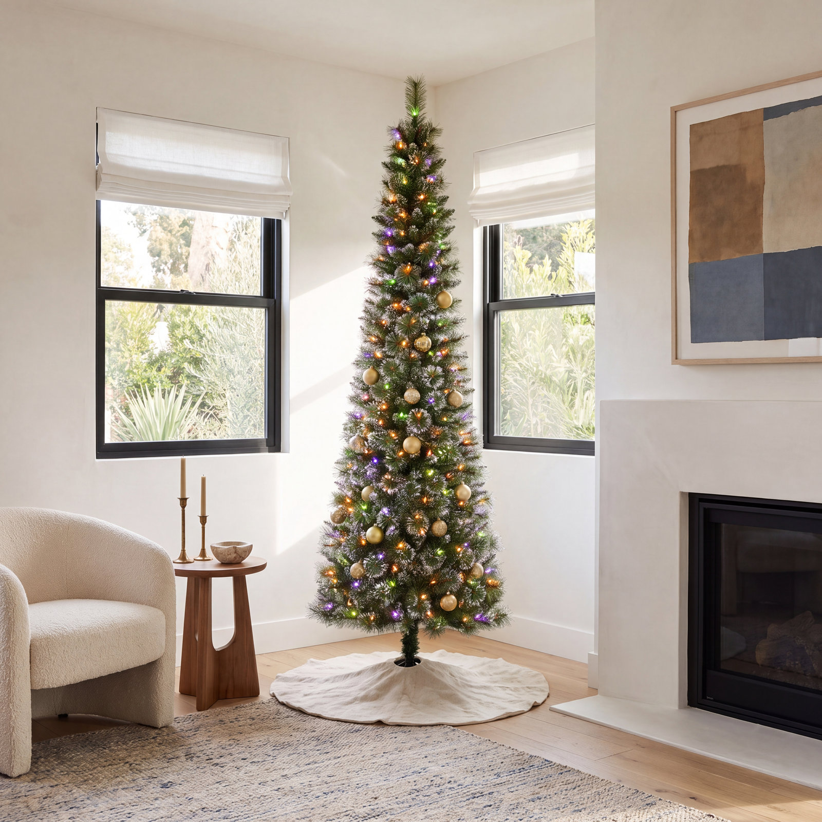 Leilonie Flocked Pre-Lit Pine Christmas Tree, 7.5'