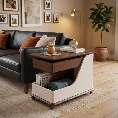 27.6" Swivel Top C-Shaped Side Table with Storage & Wheels