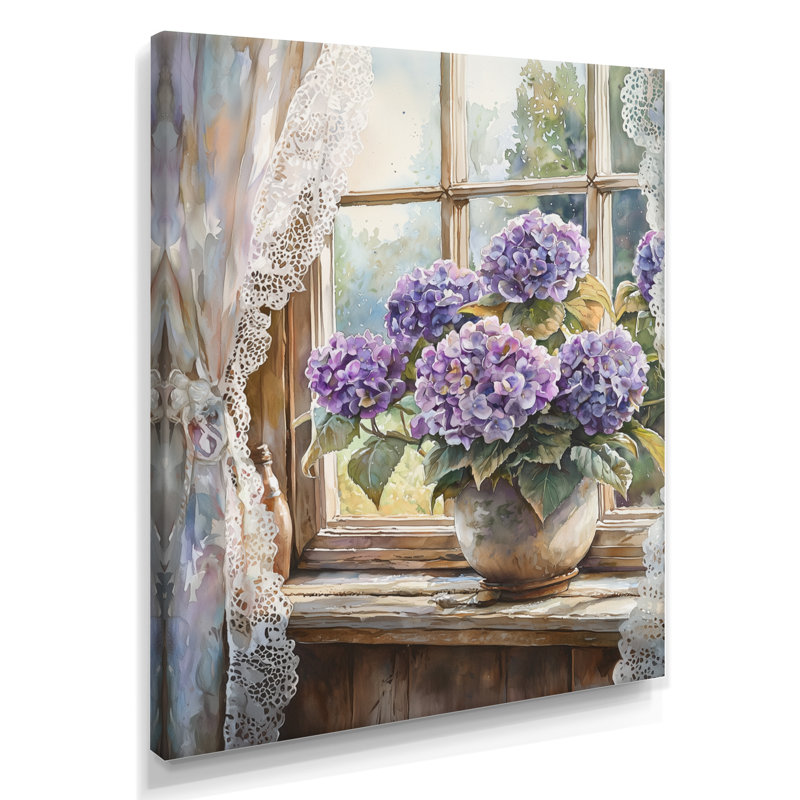 Hortensias par la ferme fenêtre II - décoration murale florale, H 32 po x l 16 po, Toile tendue, Ne s’applique pas