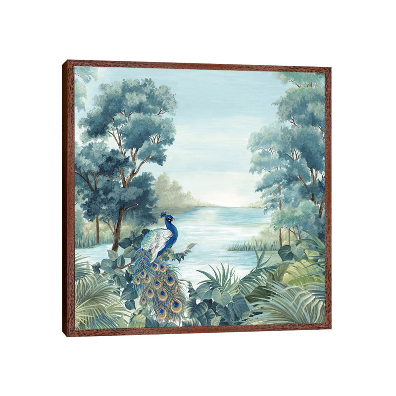 Peafowl by Eva Watts - Painting on Canvas, 45.72cm H x 45.72cm W x 3.81cm D, Classic Brown Wood Framed