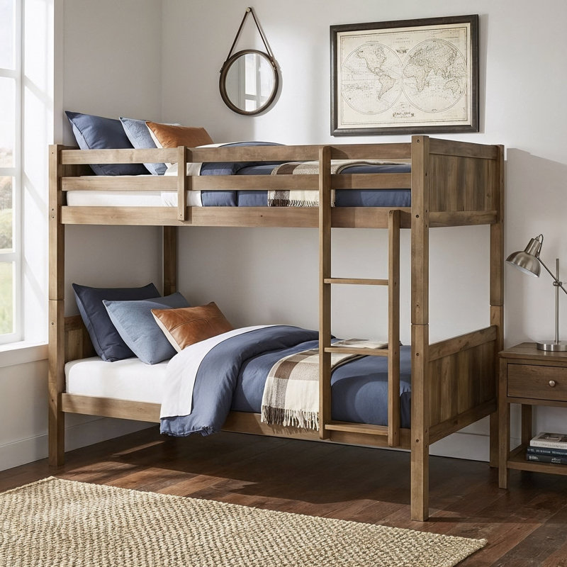 Lit superposé simple en bois massif avec tête de lit à panneau cannelé Appolon, Brun