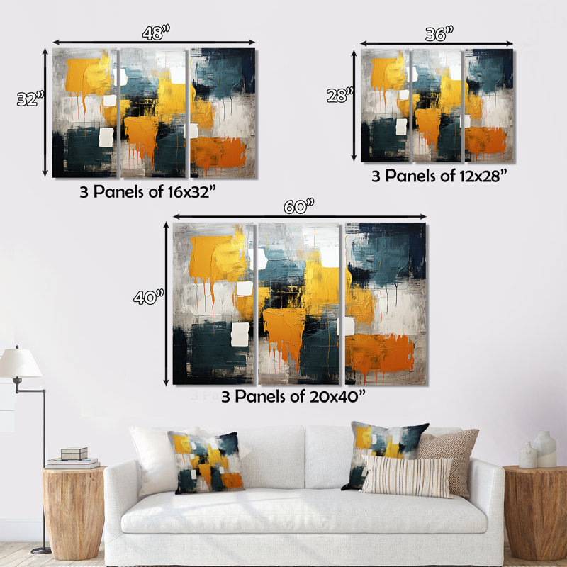 Chinua " Bliss of Happiness in Yellow and Blue VI " 3 Piece Art Mixed Media Print, 32" H x 48" W x 1" D