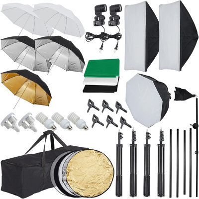 Ensemble d'éclairage professionnel avec support de fond, 5 trépieds réglables, boîtes à lumière et parapluies - Équipement d'éclairage continu pour portrait en studio et photographie de produit