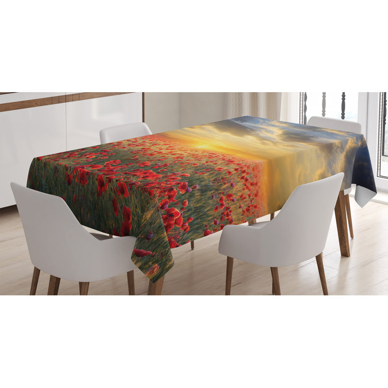 Ambesonne Flower Tablecloth, Poppy Field Sunset Sky Evening View Golden Yellow Sun Rays Dark Clouds Graphic Art, Rectangular Table Cover For Dining Room Kitchen Decor, 60" X 90", Multicolor