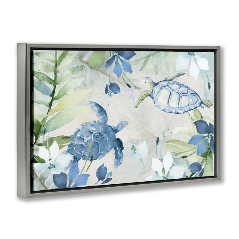 "Tortues parmi les fleurs" par Lanie Loreth, H 21 po x l 31 po, Cadre flottant gris lustré