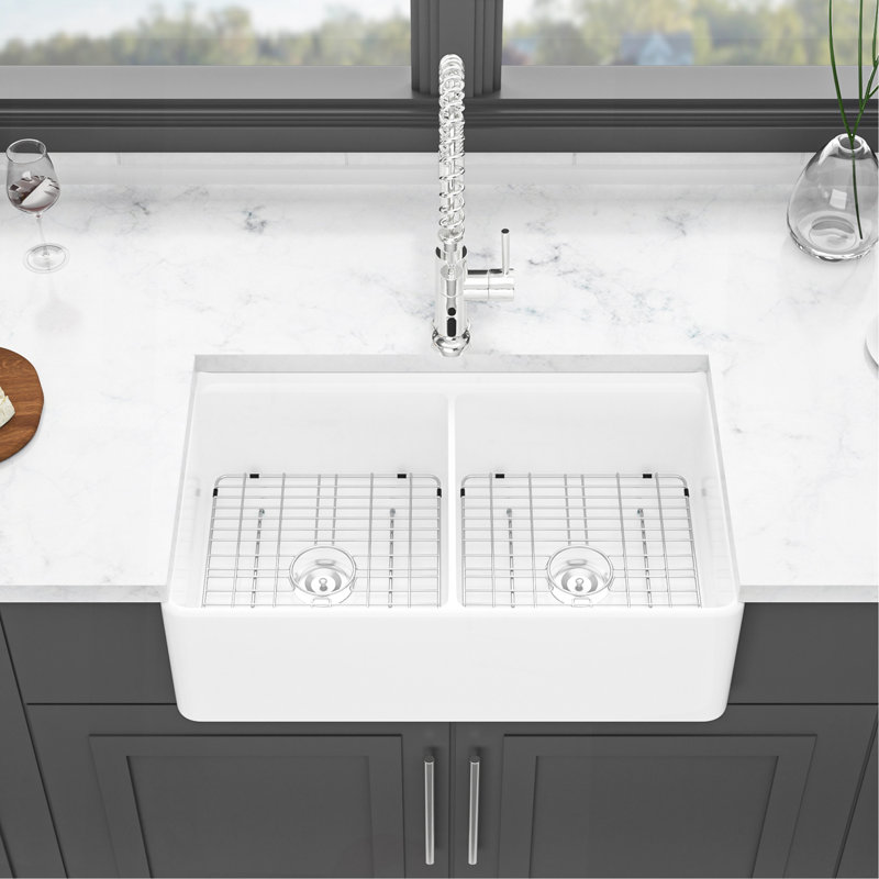 Station de travail blanche Farmhouse Sink - Évier de cuisine à double cuve en céramique blanche 33 pouces
