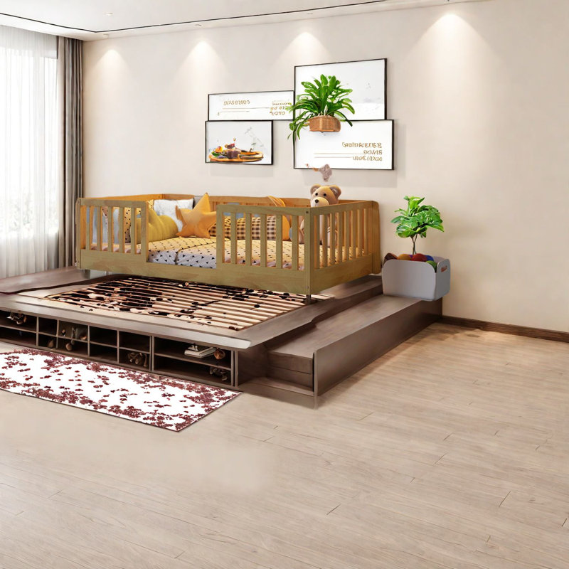 Lits simples à plancher en bois naturel, style Montessori avec DEL pour enfants