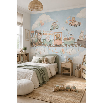 Papier peint aquarelle Train d'animaux, fresque murale pastel pour chambre d'enfant