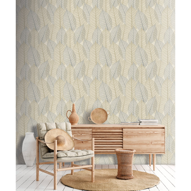 Papier peint feuille et dentelle bleu beige, Bleu