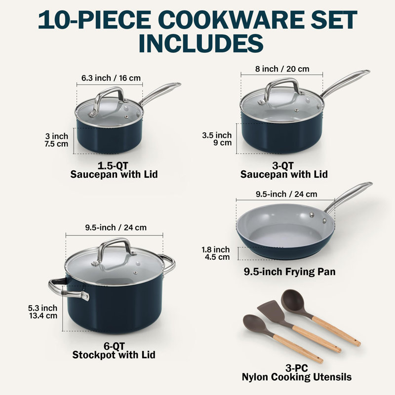 10-Piece Non-Stick Hard Anodized Ceramic Cookware Set, Blue