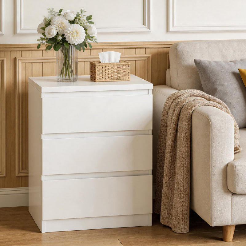 Table de chevet en bois avec 3 tiroirs, Blanc, 1