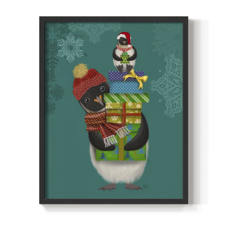 Cadeaux de Noël pingouin, reproduction encadrée - bois massif, H 21 po x l 17 po, Cadre noir