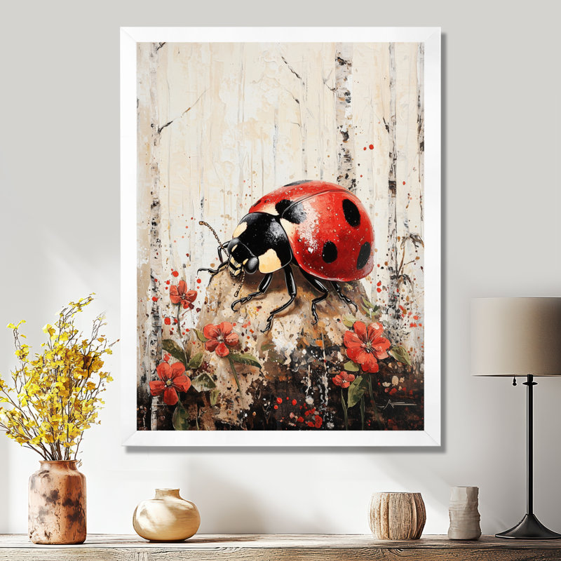 Curious Spotted Ladybug Forest II - Ladybug Wall Décor, Picture Framed Print, Black, 20" H x 12" W