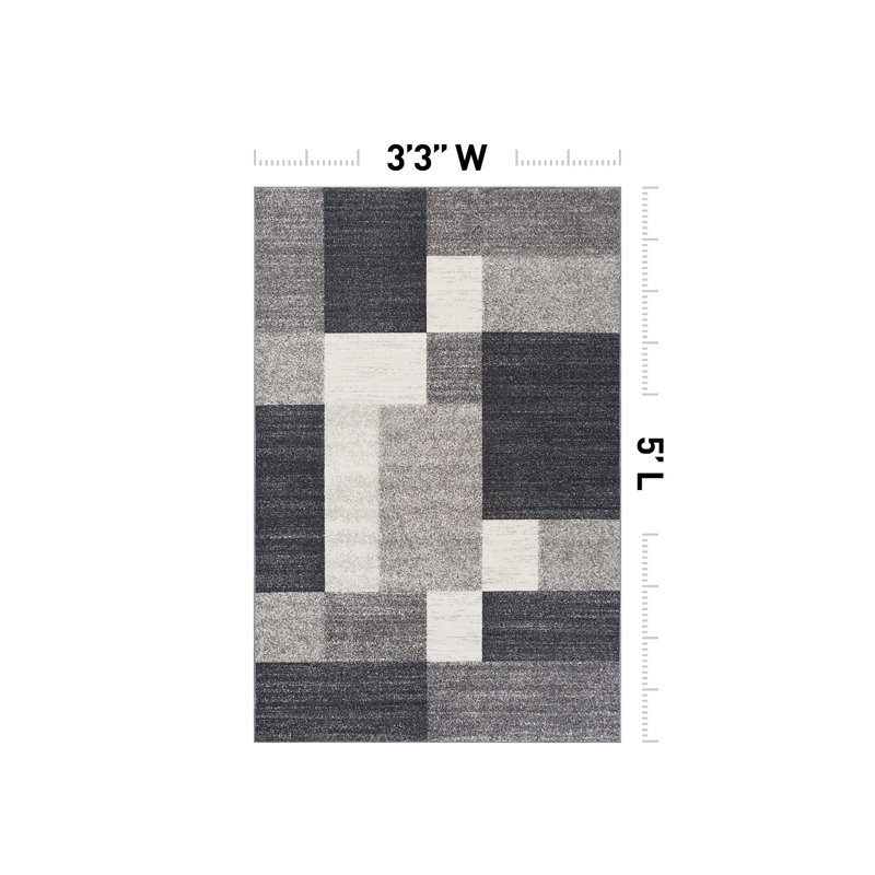 Tapis gris, noir et blanc touffeté à motif géométrique Akieba, Rectangle 3 pi 3 po x 5 pi