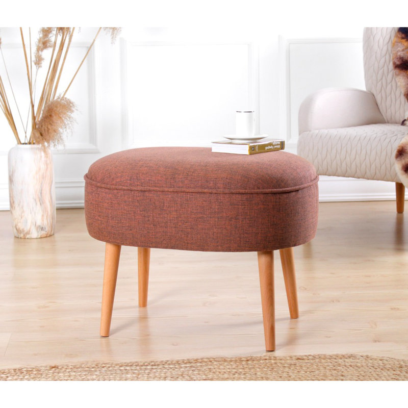 Bohemian Pouffe with Wooden Legs, Tile Red, 24.8 x 18.5 x 17.3 inches | 100% Linen Cover, 35 DNS Orthopedic Sponge, 6.0 cm Height | Perfect for Scandinavian & Southwestern Decor, Stylish & Comfortable Seating