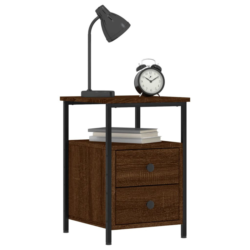 Orlie 34cm W Iron Bedside Table, Brown Oak