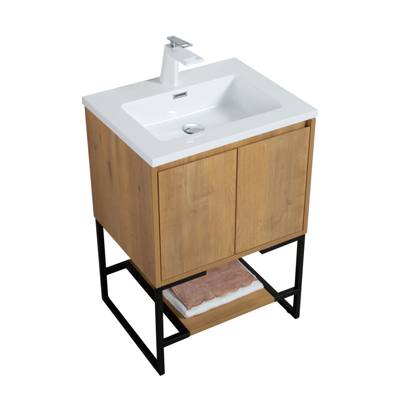Meuble-lavabo simple 23 po avec dessus en céramique Toufic , Blanc, Chêne naturel