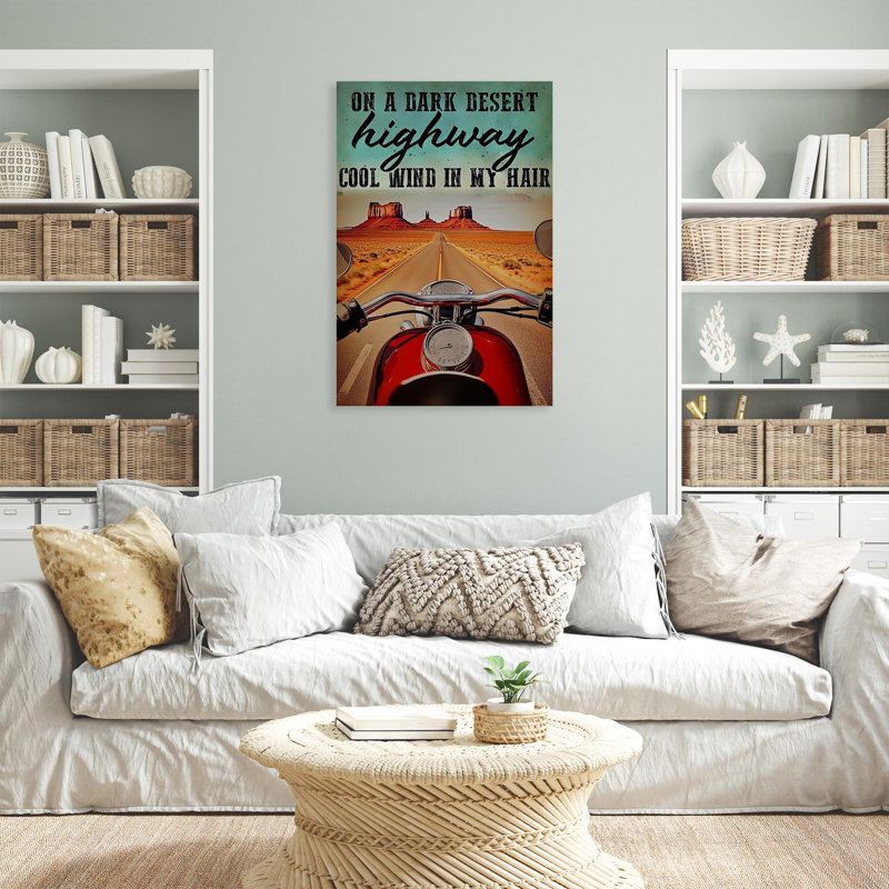 Moto sur une autoroute du désert foncé - 1 pièce, reproduction d'art graphique sur toile tendue