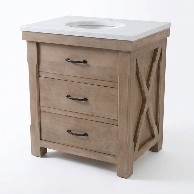 30 po Meuble-lavabo simple de style campagnard en bois naturel avec plateau en marbre blanc assemblé, 30" W