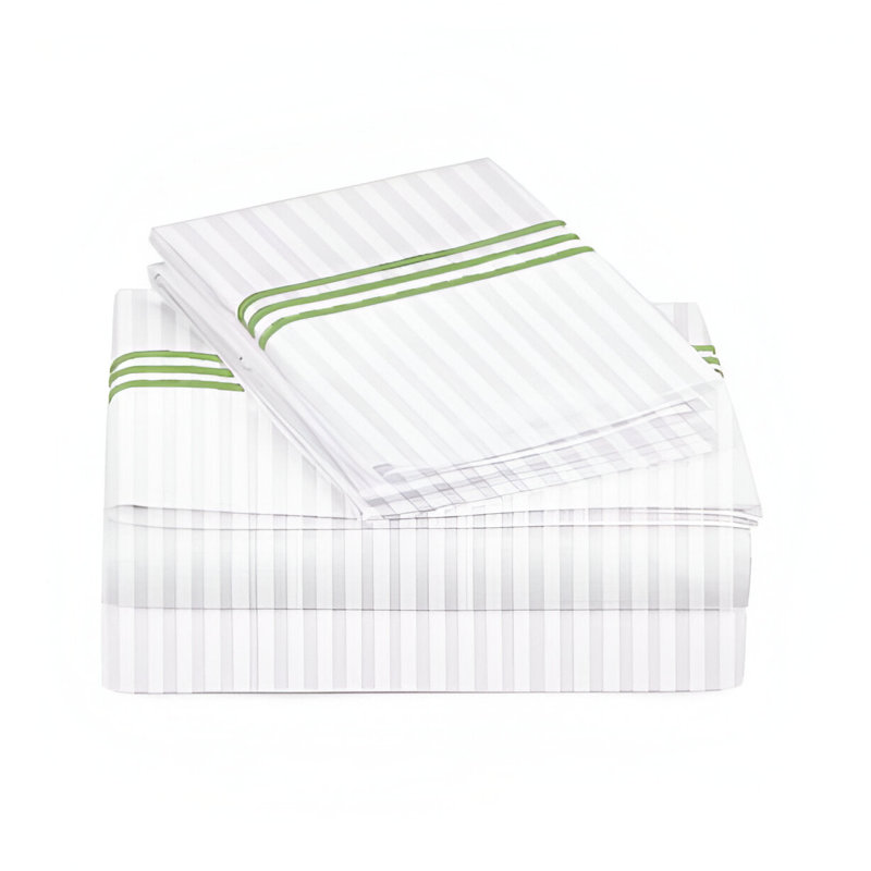 400TC Triple Embroidery Sateen Stripe Cotton 4 Piece Sheet Set Fitted Sheet Fits Upto 16" Deep Pocket, Sage Border